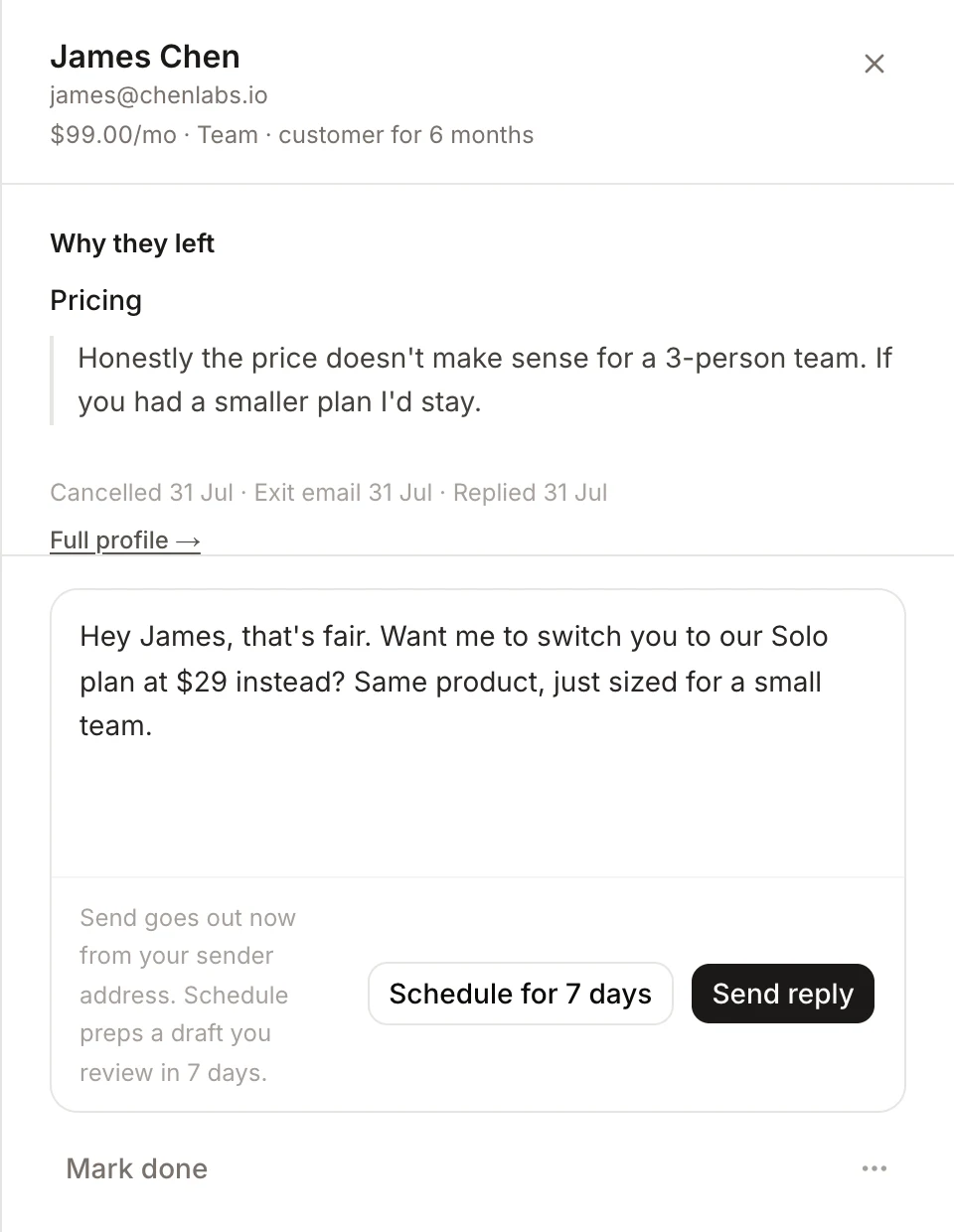 A churned customer opened in ChurnNote, showing their verbatim cancellation reply, the detected reason "Pricing", and a drafted response waiting for the founder to send.